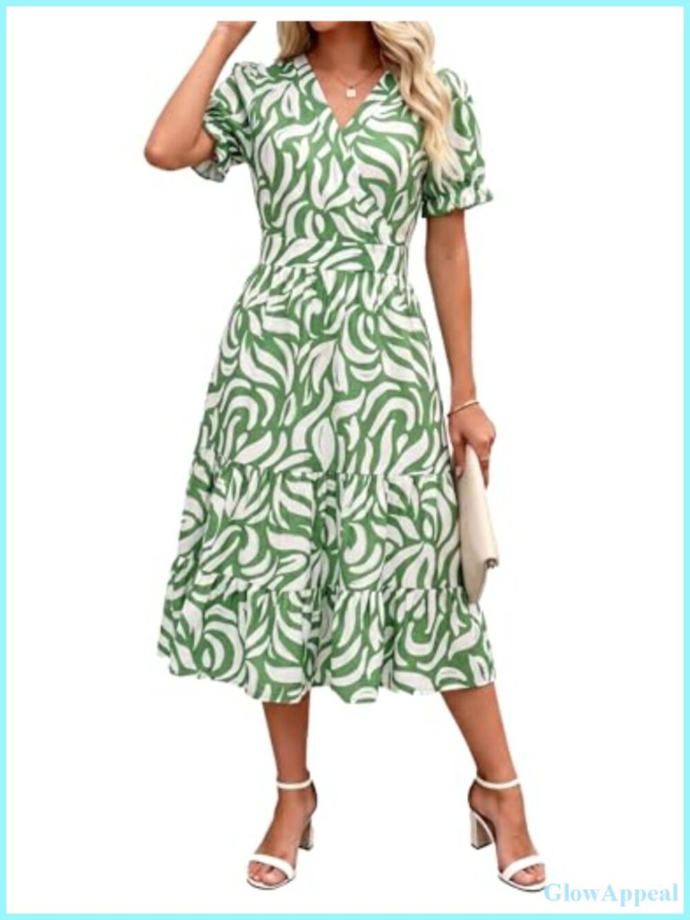 Midi Dress V Neck Puffy Short Sleeve Flowy Casual Vacation Beach Sundress with